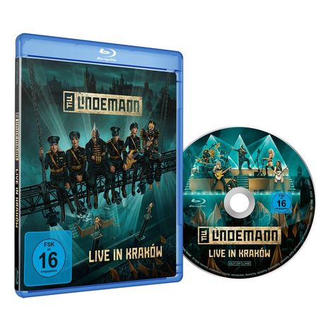 Texte: LINDEMANN, LIVE IN KRAKOW, FSK 16. Blu-ray-Hülle und Disc. Illustration: Musiker auf Bühne vor Menschenmenge.