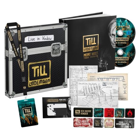 Texte: "Live in Kraków", "TILL LINDEMANN", "MEINE WELT TOUR 2023-24", "ICH HASSE KINDER", "ALTES FLEISCH". Verschiedene Konzertutensilien.