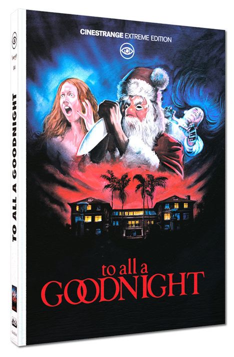"CINESTRANGE EXTREME EDITION" oben, "to all a GOODNIGHT" unten. Illustration: Santa mit Messer, Frau schreit, Villen.