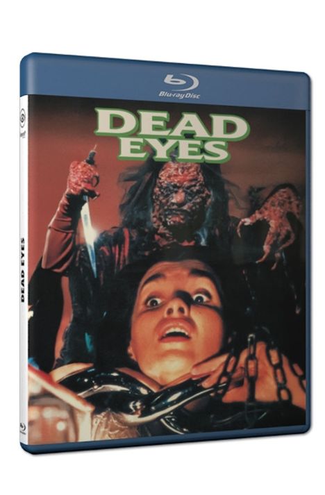 "DEAD EYES" in grüner Schrift. Furchterregende Kreatur in Nahaufnahme hinter einer ängstlichen Person mit weit geöffneten Augen.
