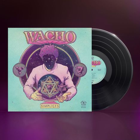 Cover mit Text: "WACHO" und "SIMPLICES". Illustration eines Mannes, dessen Gesicht ein sternenreicher Himmel ist. Eine Schallplatte liegt rechts daneben.