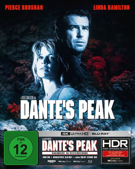 Text: "PIERCE BROSNAN", "LINDA HAMILTON", "DANTE'S PEAK", FSK 12, "HDR". Zwei Personen vor einer rauchigen Kulisse.