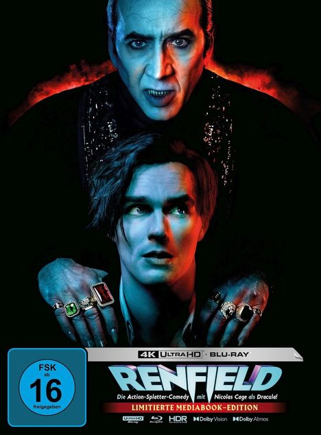 Texte: "4K Ultra HD + Blu-ray", "RENFIELD", "Nicolas Cage als Dracula", "FSK ab 16 freigegeben". Illustration zweier gruselig beleuchteter Männer, einer mit Ringen.