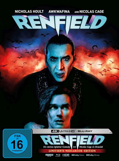 "RENFIELD" in großen Buchstaben, darunter "Die Action-Splatter-Comedy." Zwei Personen: eine mit gruseligem Ausdruck. Fledermäuse im Hintergrund.