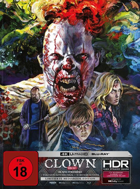 "FSK ab 18", "CLOWN UNCUT", "4K ULTRA HD", "HDR". Ein bedrohlicher Clownkopf mit Blut, darunter eine Frau, ein Mann mit Werkzeug und ein Junge.