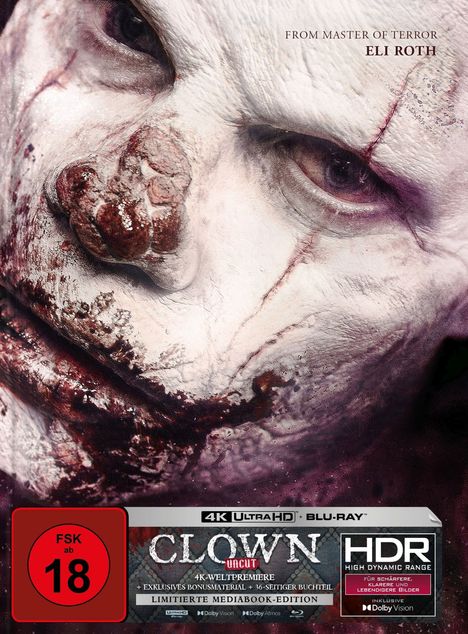 "From Master of Terror Eli Roth" steht oben. Darunter ein unheimliches Gesicht mit weißer Schminke und Narben. FSK 18 Hinweis.