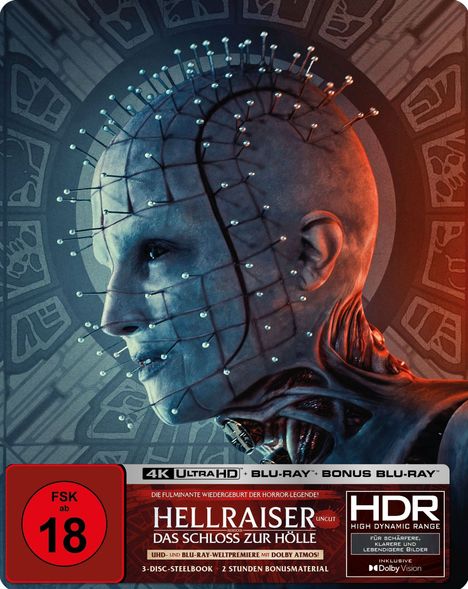 Text: "FSK ab 18", "Hellraiser: Das Schloss zur Hölle". Gesicht mit Nägeln, stechender Blick. Rotes, schwarzes Motiv.