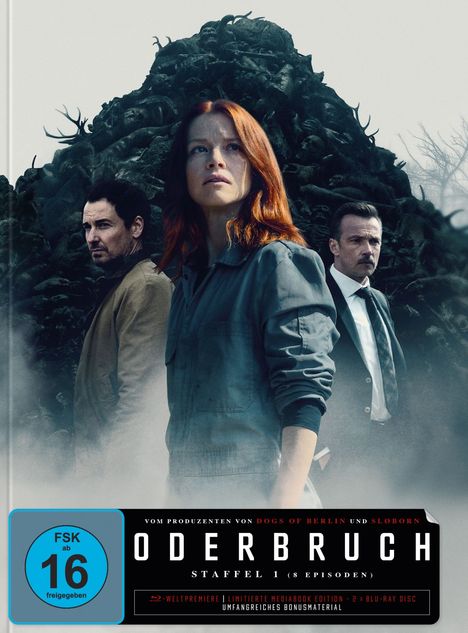 "Oderbruch - Staffel 1 (8 Episoden)" steht unter dem Titel. Drei Personen vor einem düsteren Hintergrund mit Hirschgeweih und Nebel.