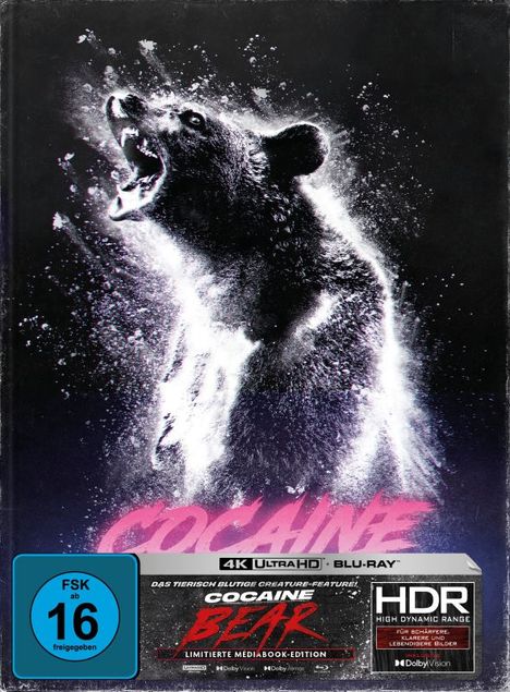 Text: "Cocaine Bear", "Das tierisch blutige Creature-Feature", "FSK ab 16 freigegeben", "4K Ultra HD Blu-ray", "HDR". 

Ein Bär steht mit geöffnetem Maul in einem stürmenden Schneegestöber.