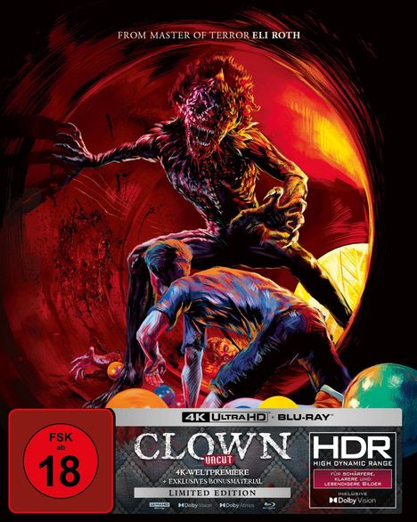 Text oben: "FROM MASTER OF TERROR ELI ROTH". Darunter eine unheimliche Kreatur in Rot- und Schwarztönen. FSK 18.