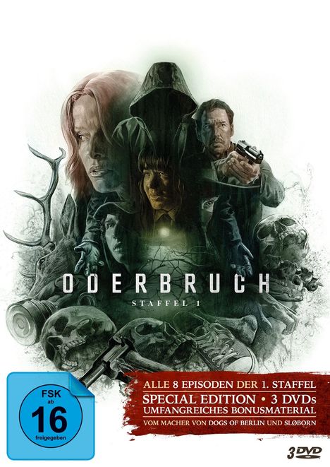 „ODERBRUCH STAFFEL 1“, Collage aus düsteren Gesichtern und Symbolen, Text: „FSK ab 16“, „Spezial Edition 3 DVDs“.