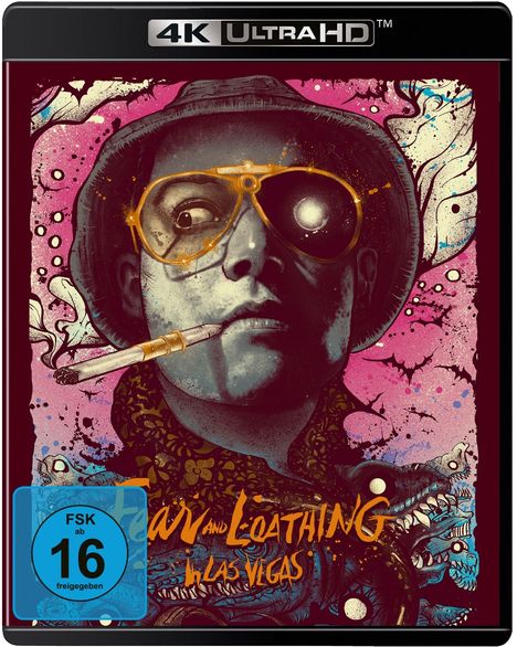 Text: "4K Ultra HD", "Fear and Loathing in Las Vegas", "FSK ab 16 freigegeben". Illustration eines Mannes mit Hut und Sonnenbrille.