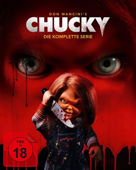 Text: "Don Mancini's Chucky - Die komplette Serie" und "FSK ab 18". Eine gruselige Puppe hält ein blutiges Messer vor roten Hintergrund.