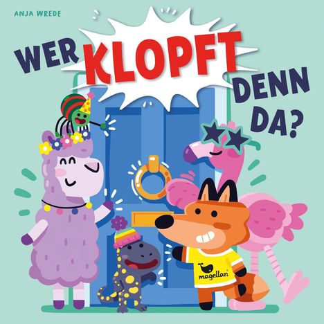 Buchtitel: "Wer klopft denn da?" Mehrere bunte, fröhliche Tiere stehen um eine blaue Tür herum.