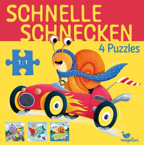 "SCHNELLE SCHNECKEN", "4 Puzzles", Puzzle-Illustration: eine Schnecke im Rennauto mit Schal.