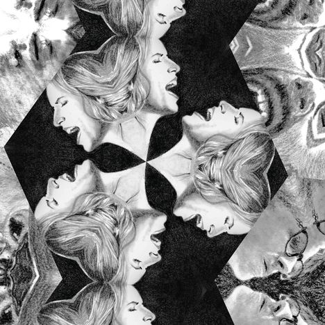 Illustration mit symmetrisch angeordneten Gesichtern, die schreien, in schwarz-weiß gehalten.