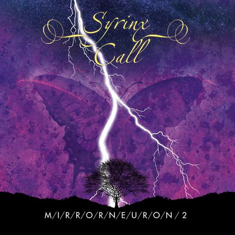 „Syrinx Call“ und „MIRRORNEURON2“ vor lila Hintergrund. Ein Baum und Blitze, die einen Schmetterling überlagern.