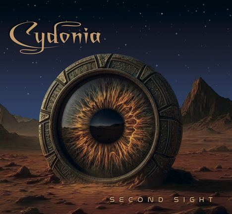 "Cydonia", "Second Sight". Eine riesige Iris wie ein Tor, umgeben von Wüstenlandschaft und Sternenhimmel.