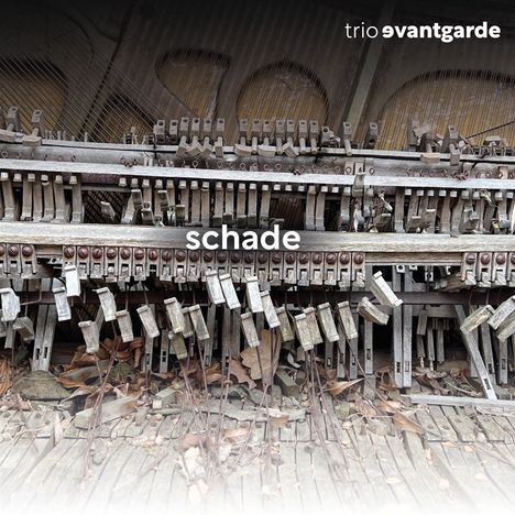 Text oben: "trio avantgarde". 
Text Mitte: "schade". 
Ansicht eines alten, verfallenen Klaviers mit sichtbaren Mechanikteilen.