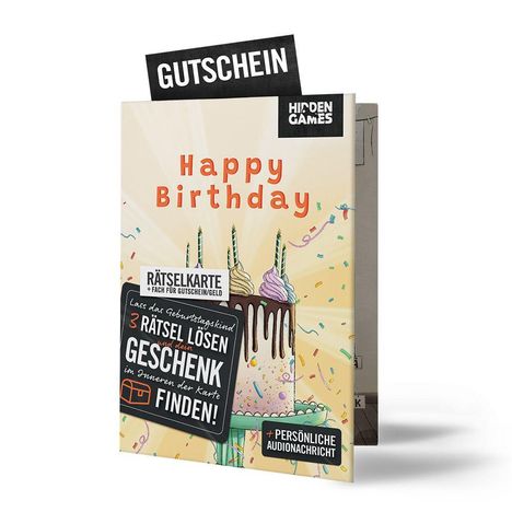 "Happy Birthday" steht oben. Darunter: "3 Rätsel lösen und Geschenk finden." Illustration einer Geburtstagstorte.