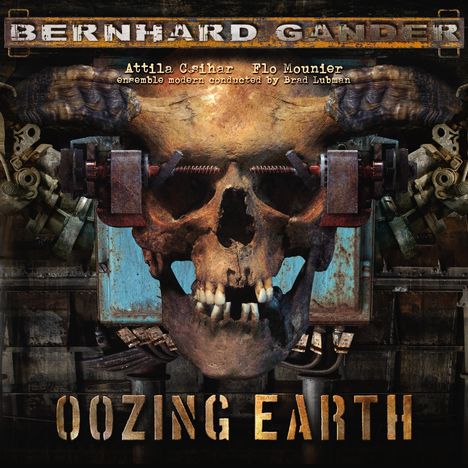 Der Text im Bild lautet: "BERNHARD GANDER", "Attila Csihar Flo Mounier", "OOZING EARTH". Ein Schädel mit Maschinenkomponenten.