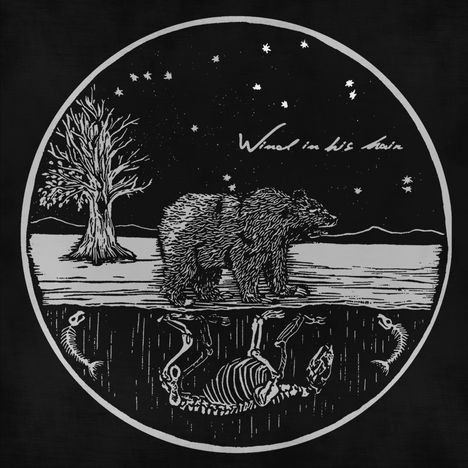 "Wind in his hair" steht neben einem Bären, einem Baum und Sternen im Himmel über Skeletten im Boden.