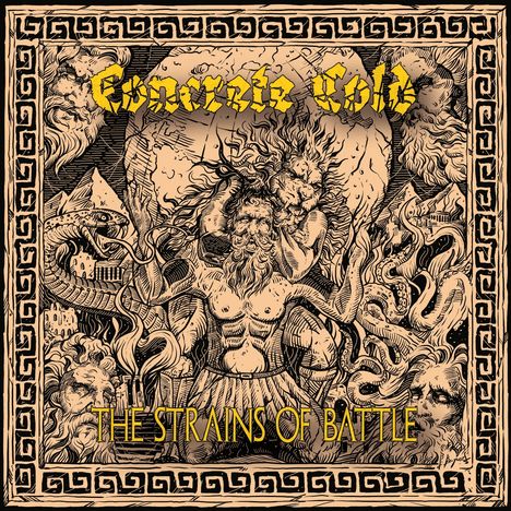 "Concrete Cold" in gelb, darunter "The Strains of Battle". Illustration mit mythologischen Figuren und Drachen in antikem Stil.