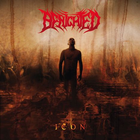 Roter Schriftzug "Benighted" oben, "Icon" unten. Ein Mann steht in einer dunklen, feurigen Landschaft und blickt nach oben.