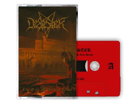 "Desaster, The Oath of an Iron Ritual." Dunkle Szenerie, mittelalterliche Architektur, rot-gelber Himmel, rote Kassette.