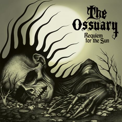 "The Ossuary, Requiem for the Sun" steht oben. Ein Skelett mit langen Haaren liegt in einer düsteren, kargen Landschaft.