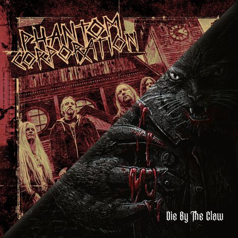 Text: "Phantom Corporation", "Die By The Claw". Illustration: Eine Gruppe vor einem historischen Gebäude. Rechts: Eine schwarze Katze mit Krallen.