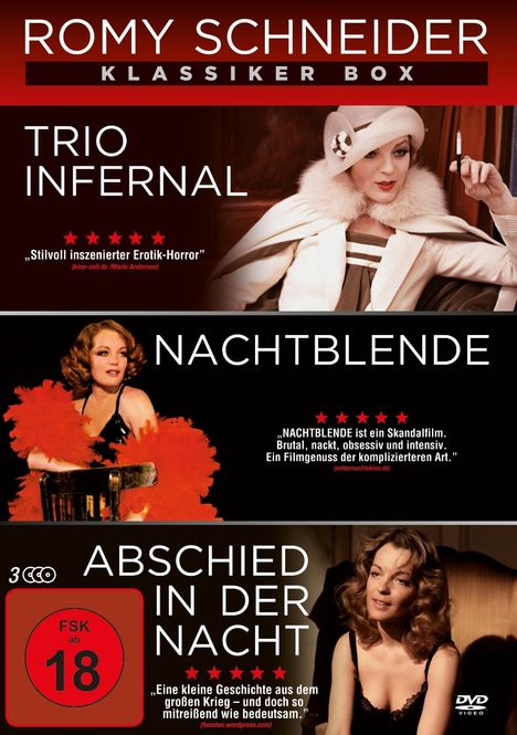 "Romy Schneider Klassiker Box" mit drei Filmen: "Trio Infernal", "Nachtblende", "Abschied in der Nacht", FSK ab 18. Drei Bilder von Frauen.