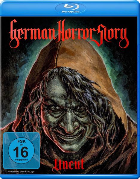 Text: "German Horror Story", "Uncut", "FSK ab 16 freigegeben". Eine gruselige Figur mit Kapuze, unheimlich lächelnd.