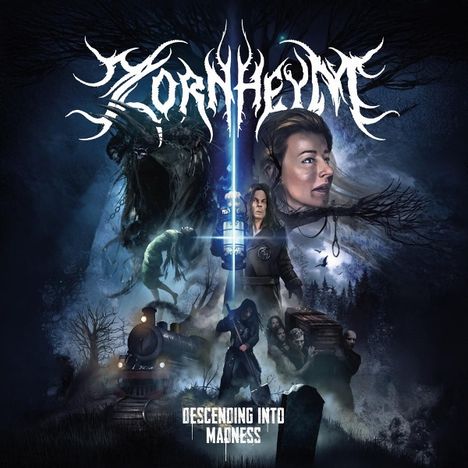 "Zornheym" oben, "Descending Into Madness" unten. Dunkles, mystisches Gemälde mit Figuren, Zug und blauem Lichtstrahl.