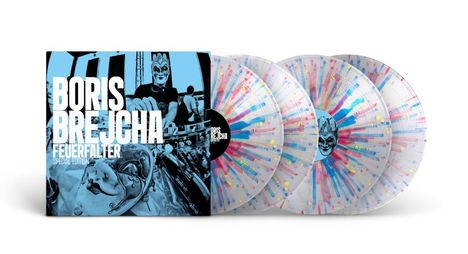 "Boris Brejcha - Feuerfalter Special Edition" ist in großen, weißen Buchstaben. Drei bunte Vinyl-Schallplatten mit einem interessanten Muster.