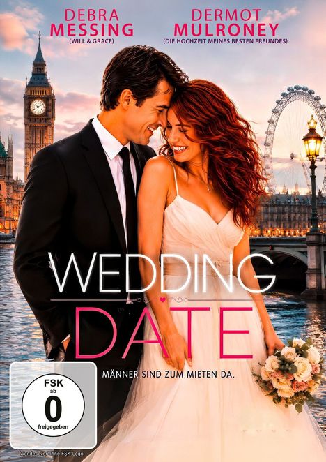 "WEDDING DATE, Männer sind zum Mieten da." Zwei Personen in eleganter Kleidung lächelnd vor Londoner Hintergrund.