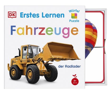 "Erstes Lernen", "Fahrzeuge", "der Radlader", "Würfel Puzzle", "2+ Jahre". Ein Radlader und ein Heißluftballon sind abgebildet.