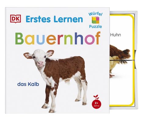 „Erstes Lernen Bauernhof“, „Würfel Puzzle“, „das Kalb“. Foto eines Kalbs und eines Huhns auf einem Buchcover.