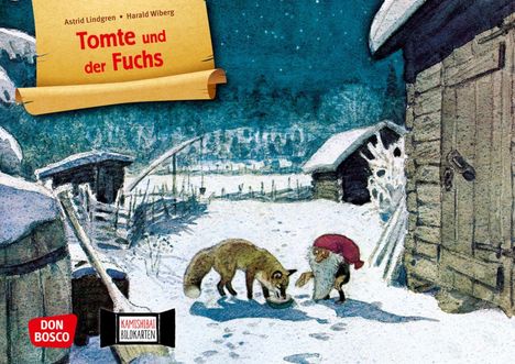 "Tomte und der Fuchs" steht auf einem Papier. Ein Fuchs und ein Wichtel im Schnee vor einer Hütte.