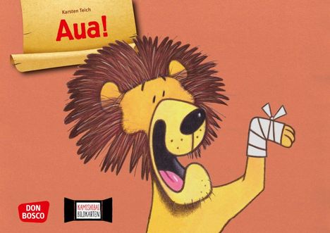 Text: "Karsten Teich Aua!" Illustration: Ein fröhlich lachender Löwe mit Verband um die Pfote.