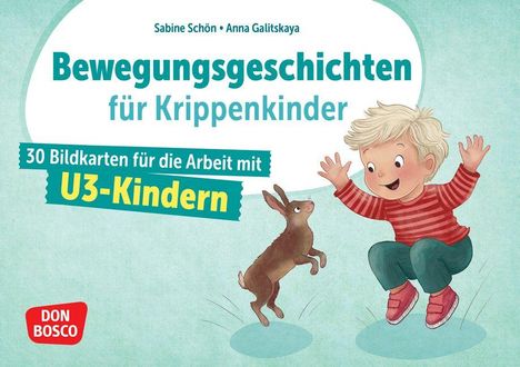 „Bewegungsgeschichten für Krippenkinder“, 30 Bildkarten für U3-Kinder. Illustration: Kind springt freudig neben einem Hasen.