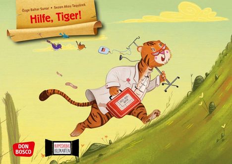 „Hilfe, Tiger!“, ein Tiger in weißem Kittel trägt ein Erste-Hilfe-Set und eilt den Hügel hinauf.