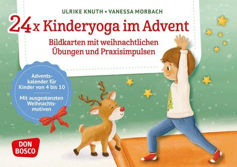 "24 x Kinderyoga im Advent" steht oben. Ein Kind macht Yoga neben einem lächelnden Rentier. Schnee und Sterne im Hintergrund.