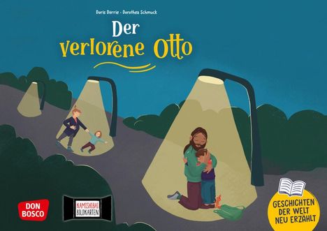 "Der verlorene Otto" steht groß in der Mitte. Illustration zeigt nachts Kinder und Erwachsene unter Straßenlaternen.