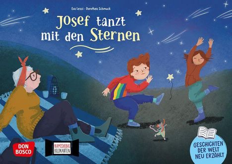 „Josef tanzt mit den Sternen“ – Zwei Kinder tanzen nachts draußen, ein älterer Mensch schaut zu. Sternenhimmel mit Kometen.