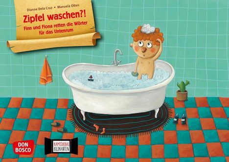 „Zipfel waschen?! Finn und Fiona retten die Wörter für das Unterrum.“ Kind in Badewanne mit Schaumkrone, Comic-Stil.