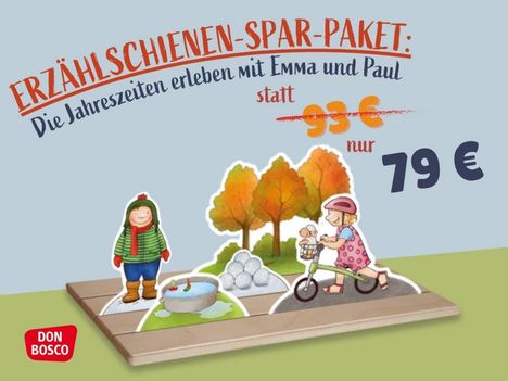 ERZÄHLSCHIENEN-SPAR-PAKET: Jahreszeiten mit Emma und Paul, statt 93€ nur 79€. Illustration von Kindern im Herbst.