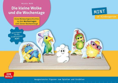"Die kleine Wolke und die Wochentage." Bunte Tierfiguren auf einer Stange, leuchtende Farben und verspielte Designs.