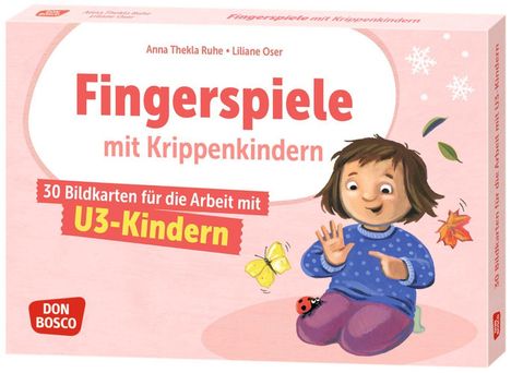 "Fingerspiele mit Krippenkindern", bunte Illustration mit einem lächelnden Kind, Schmetterling und Marienkäfer.