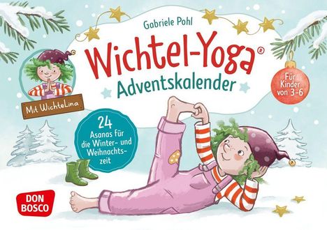 „Wichtel-Yoga Adventskalender“, 24 Asanas für Winterzeit, Illustration eines Wichtels in violettem Overall. Für Kinder 3-6.